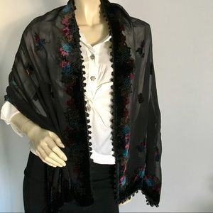 Velvet floral trimmed black shawl/ scarf